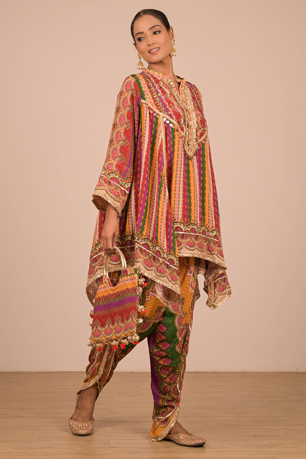 Multicolour Crepe Tulip Pant Suit with Bag