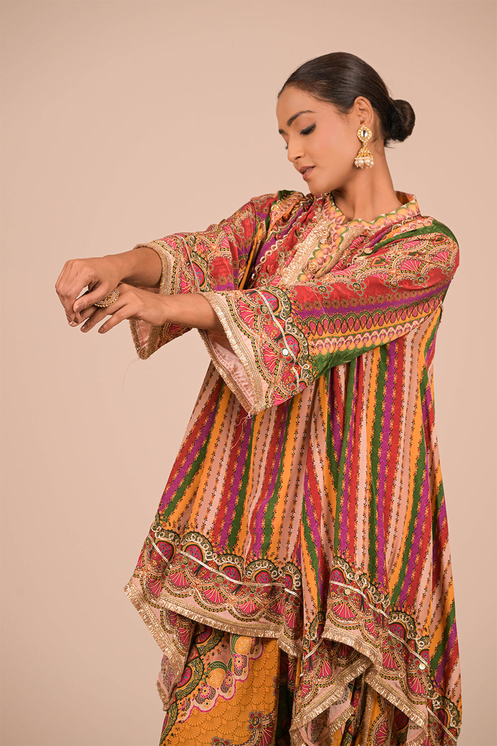 Multicolour Crepe Tulip Pant Suit with Bag