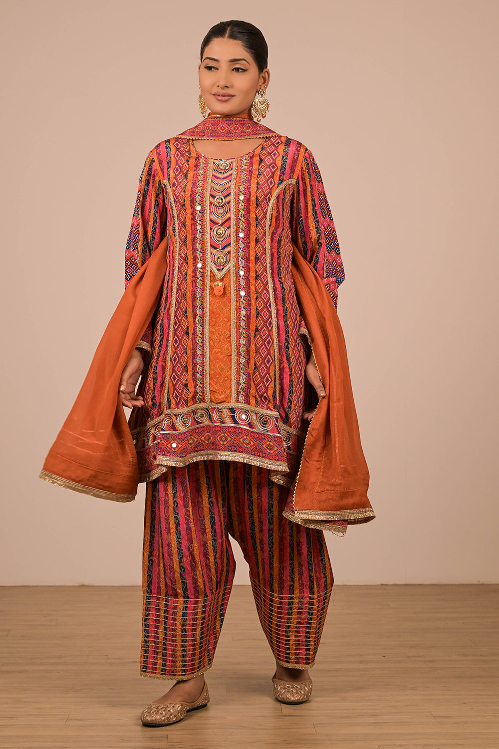 Orange Suit Set With Farsi Salwar And Bag