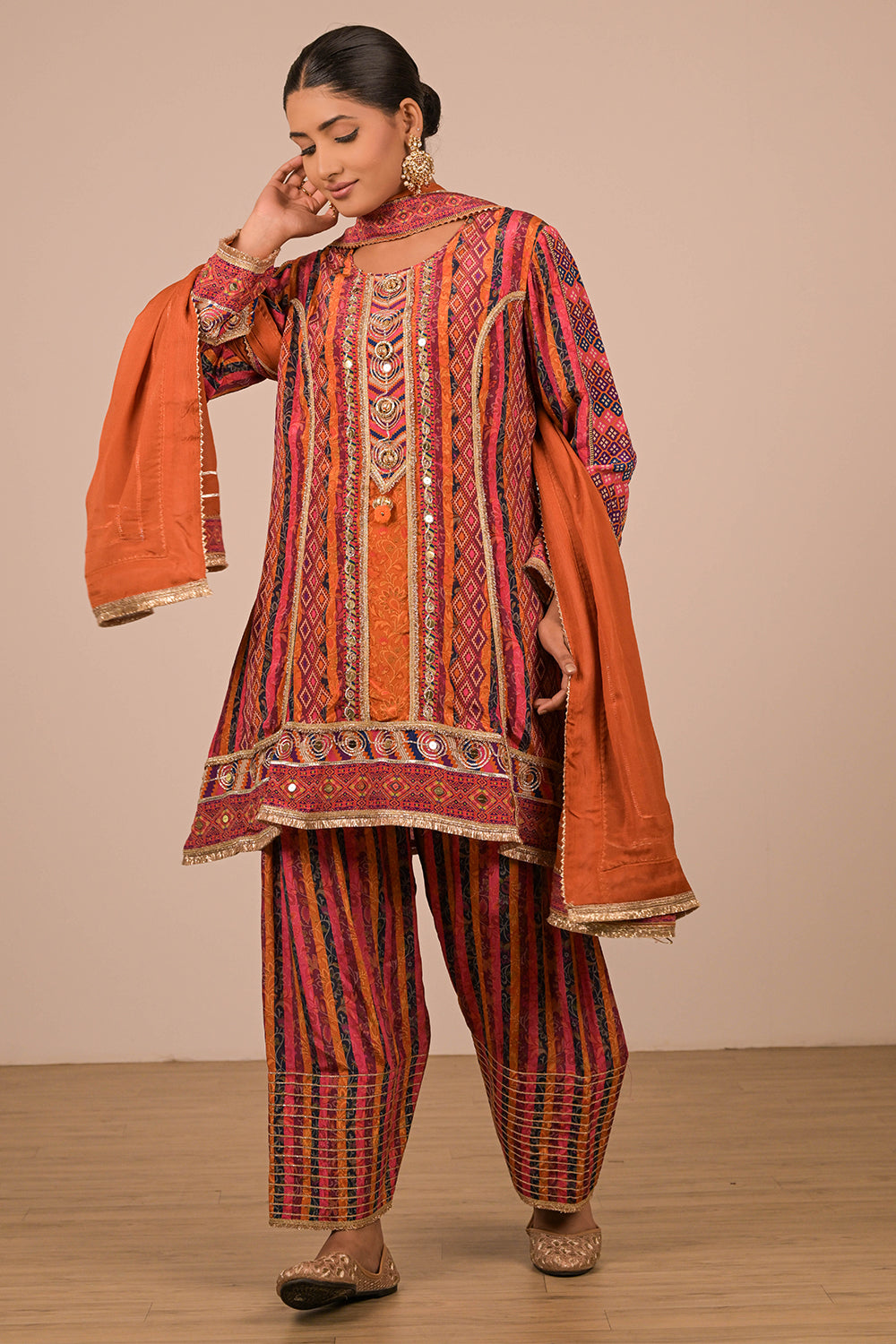 Orange Suit Set With Farsi Salwar And Bag