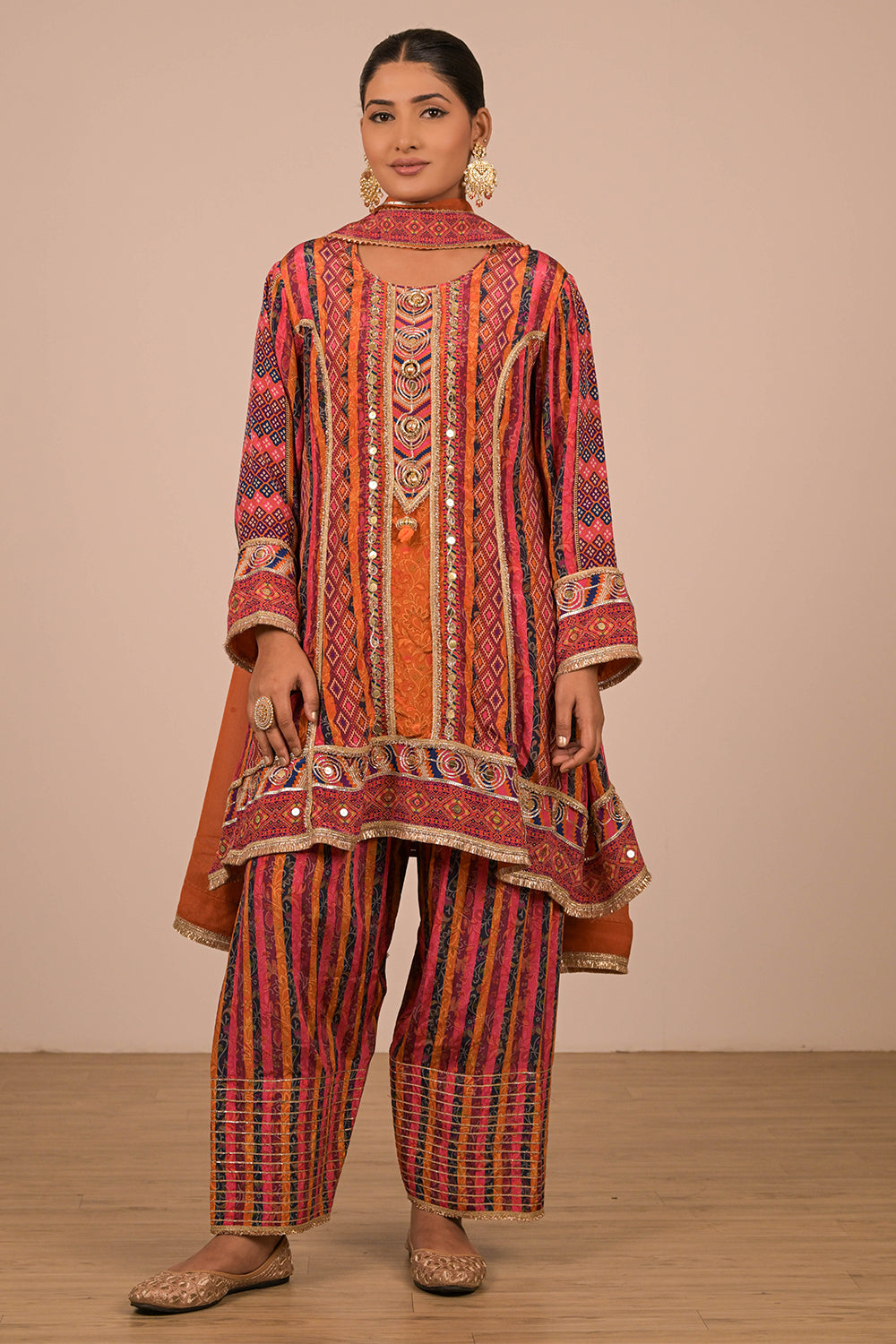 Orange Suit Set With Farsi Salwar And Bag