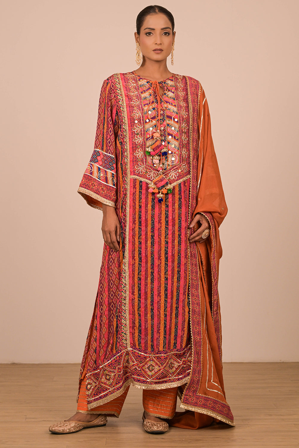 Orange Embroidered A Line Suit with Dupatta And Bag