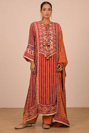 Orange Embroidered A Line Suit with Dupatta And Bag