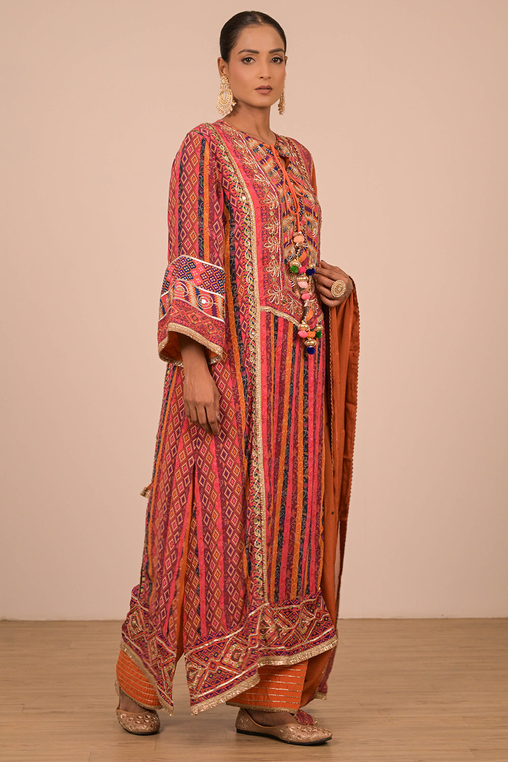 Orange Embroidered A Line Suit with Dupatta And Bag