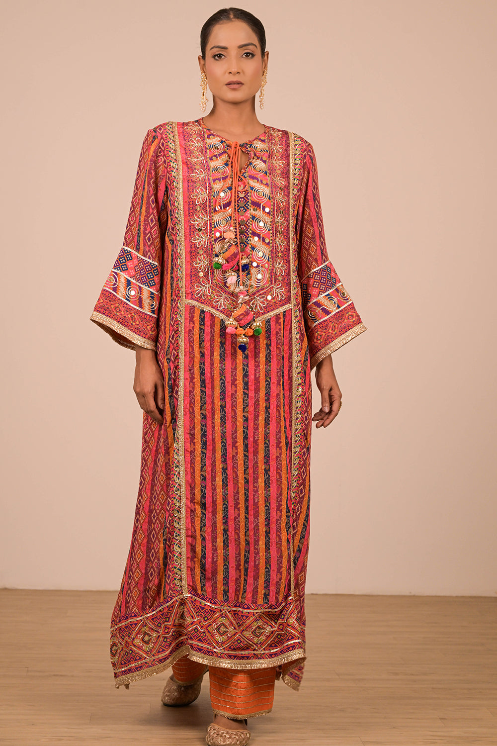 Orange Embroidered A Line Suit with Dupatta And Bag