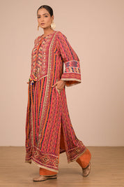 Orange Embroidered A Line Suit with Dupatta And Bag