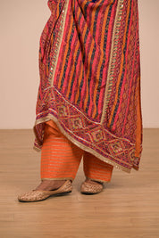 Orange Embroidered A Line Suit with Dupatta And Bag