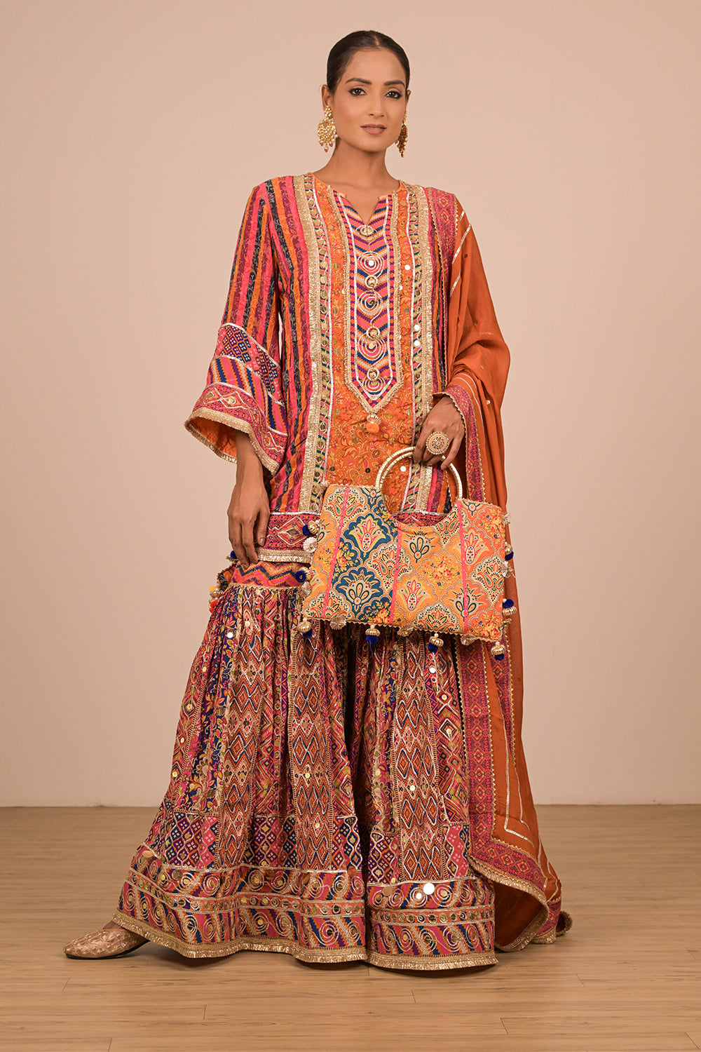 Orange Sharara Suit With Bag