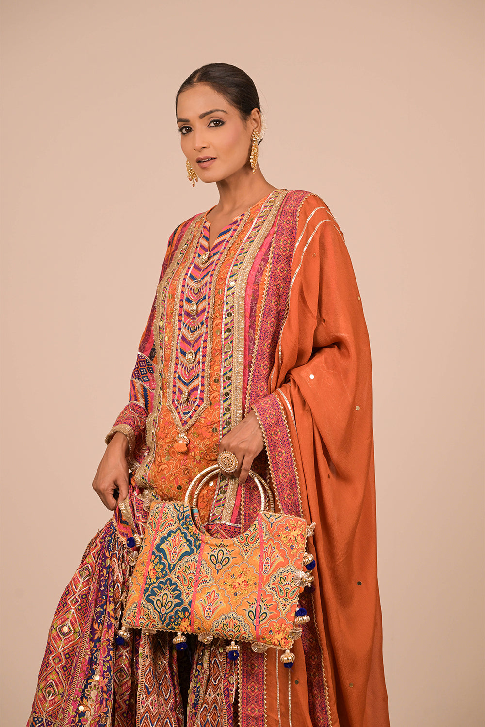 Orange Sharara Suit With Bag