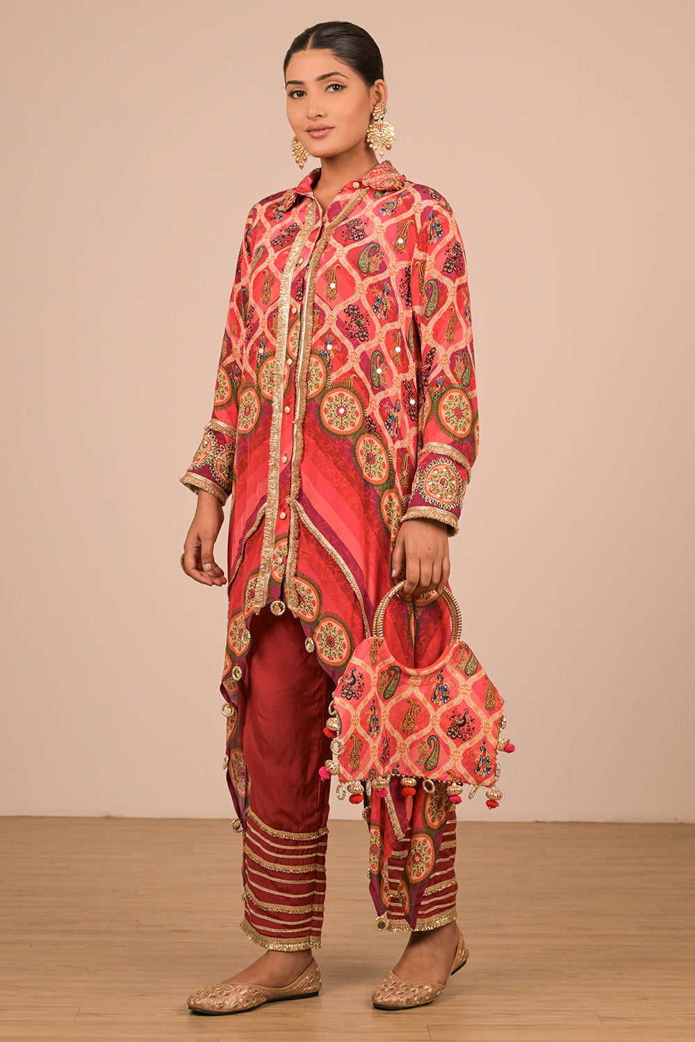 Persian Red Asymmetric Kurta Set In With Bag