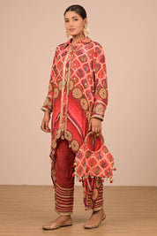 Persian Red Asymmetric Kurta Set In With Bag