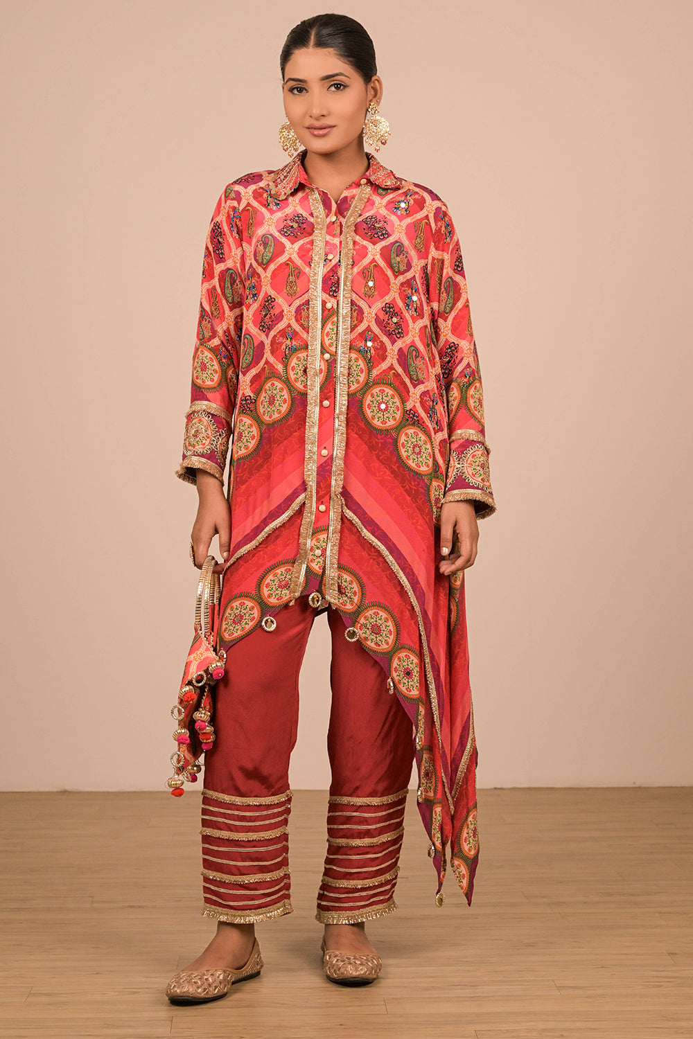 Persian Red Asymmetric Kurta Set In With Bag