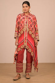 Persian Red Asymmetric Kurta Set In With Bag