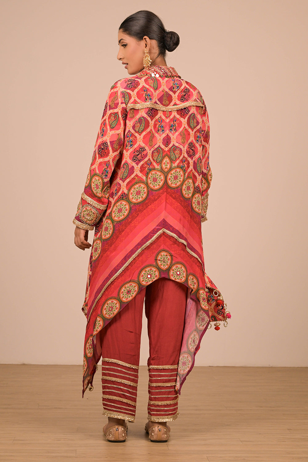 Persian Red Asymmetric Kurta Set In With Bag