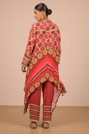 Persian Red Asymmetric Kurta Set In With Bag
