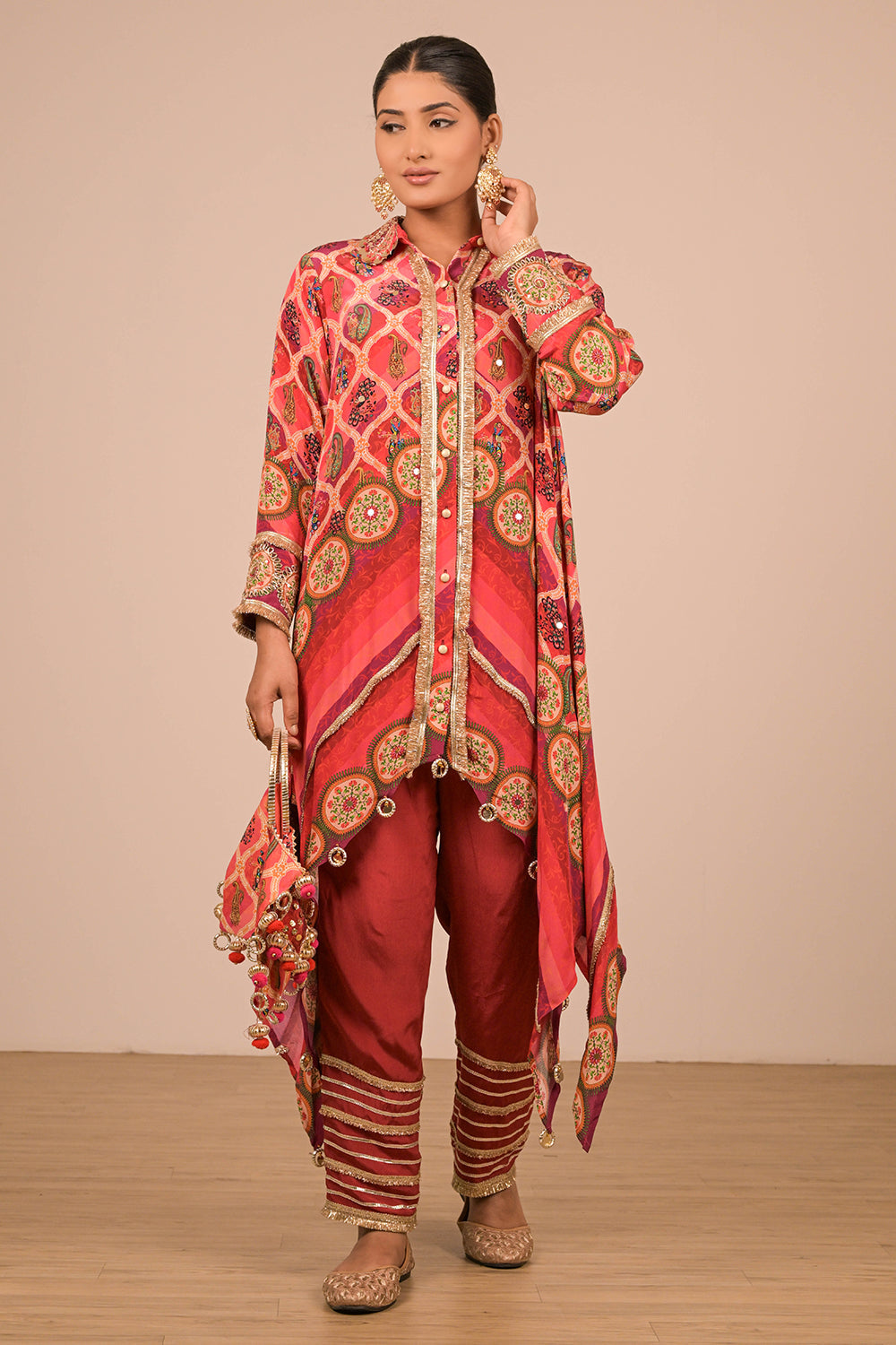 Persian Red Asymmetric Kurta Set In With Bag