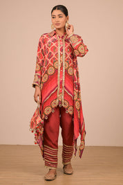 Persian Red Asymmetric Kurta Set In With Bag