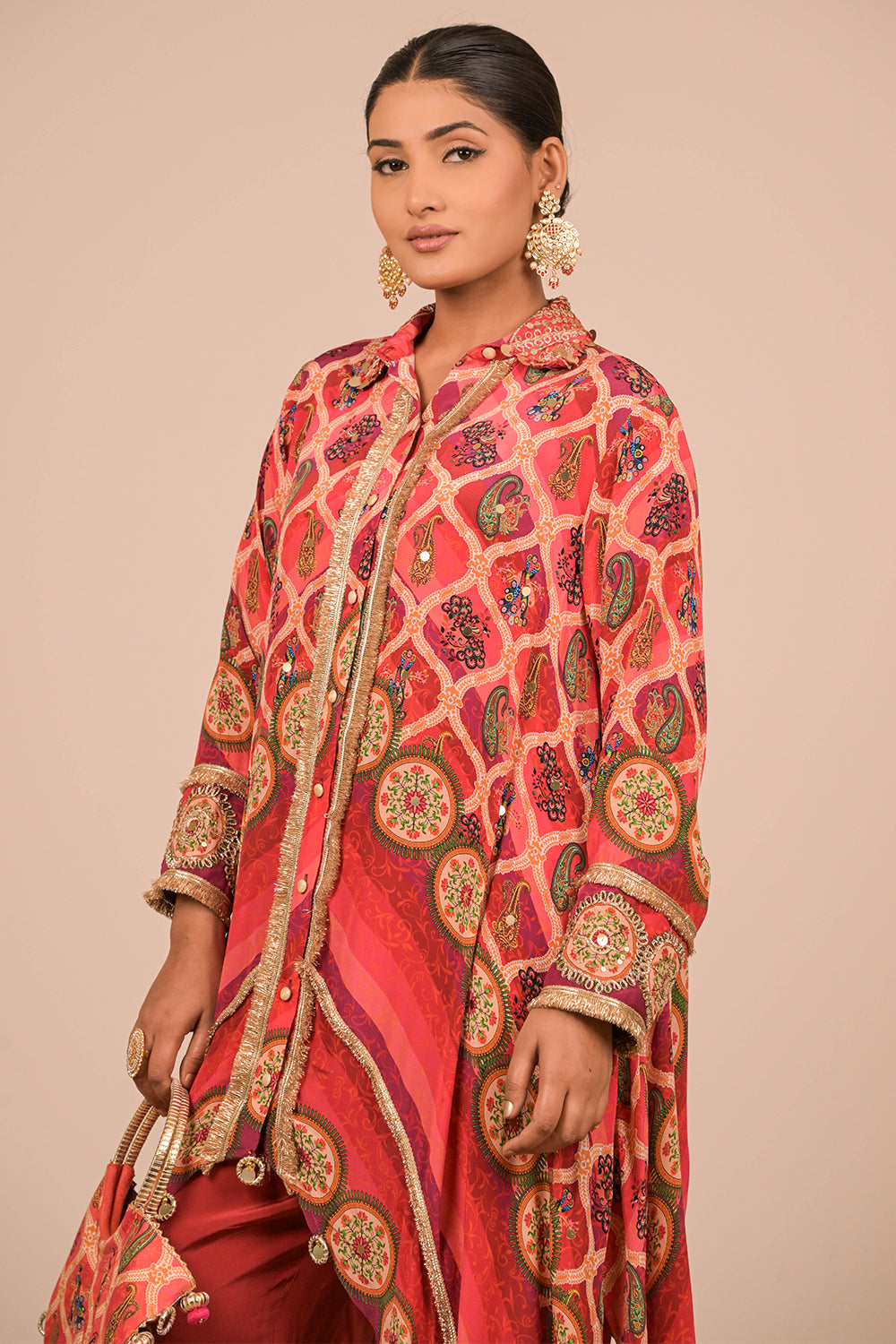 Persian Red Asymmetric Kurta Set In With Bag