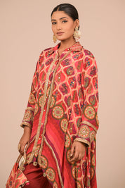 Persian Red Asymmetric Kurta Set In With Bag