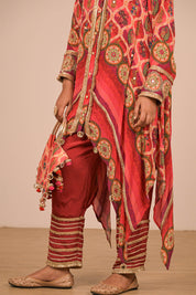 Persian Red Asymmetric Kurta Set In With Bag