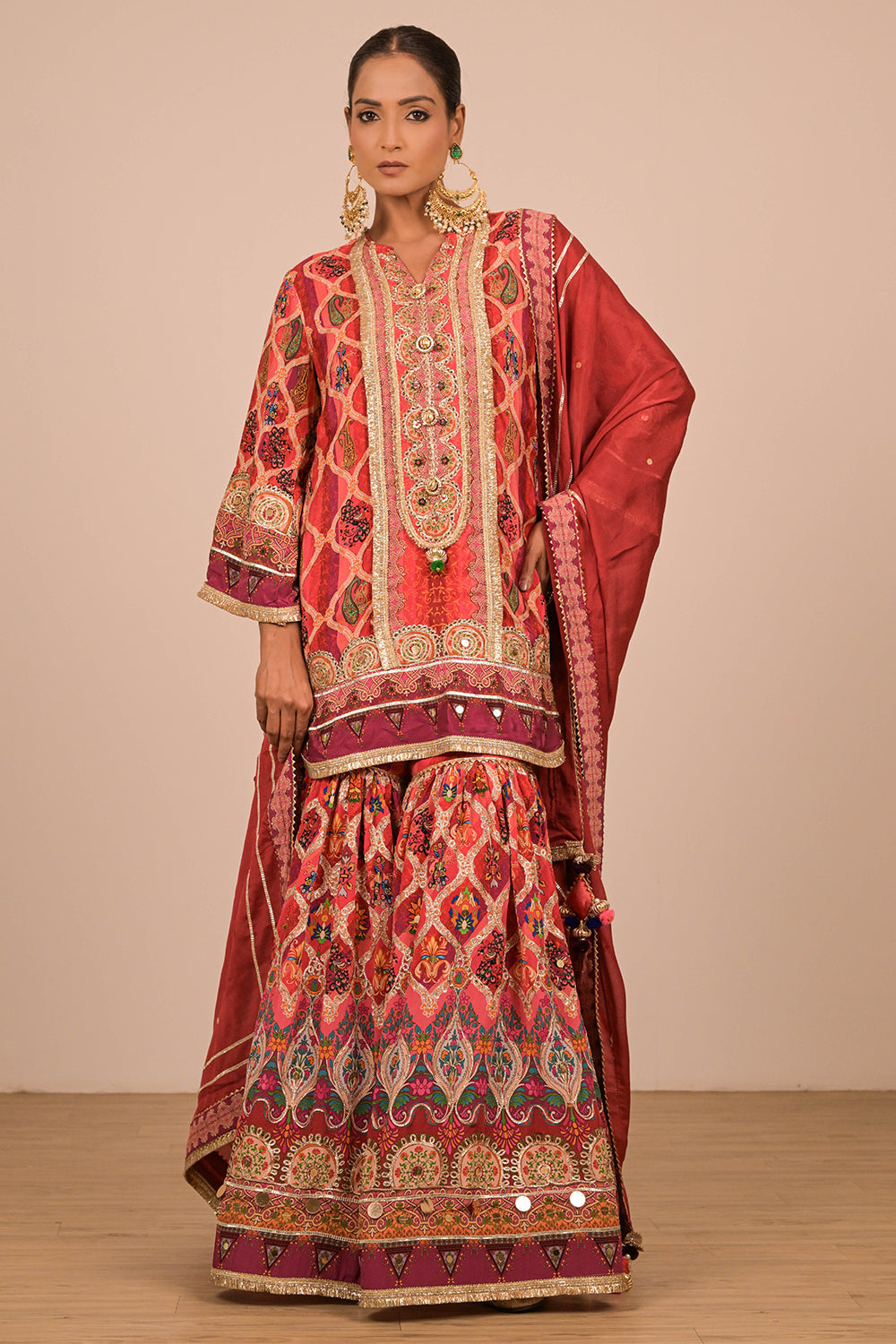 Persian Red Crepe Sharara Suit With Bag