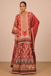 Persian Red Crepe Sharara Suit With Bag