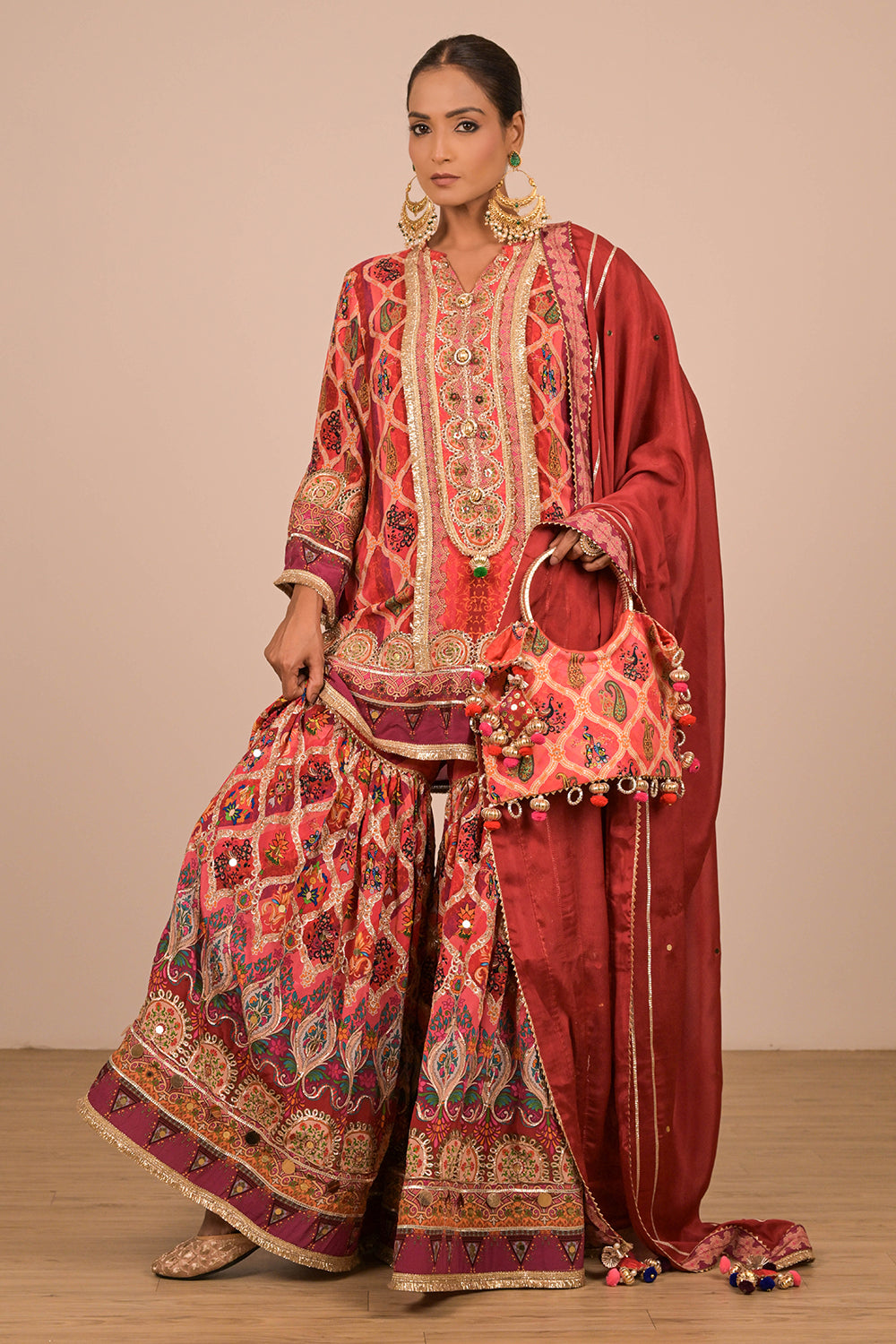 Persian Red Crepe Sharara Suit With Bag