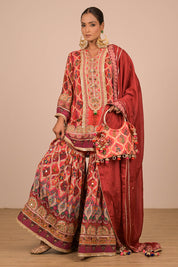 Persian Red Crepe Sharara Suit With Bag