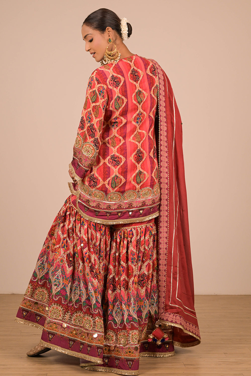 Persian Red Crepe Sharara Suit With Bag