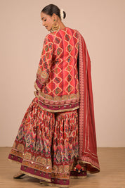 Persian Red Crepe Sharara Suit With Bag