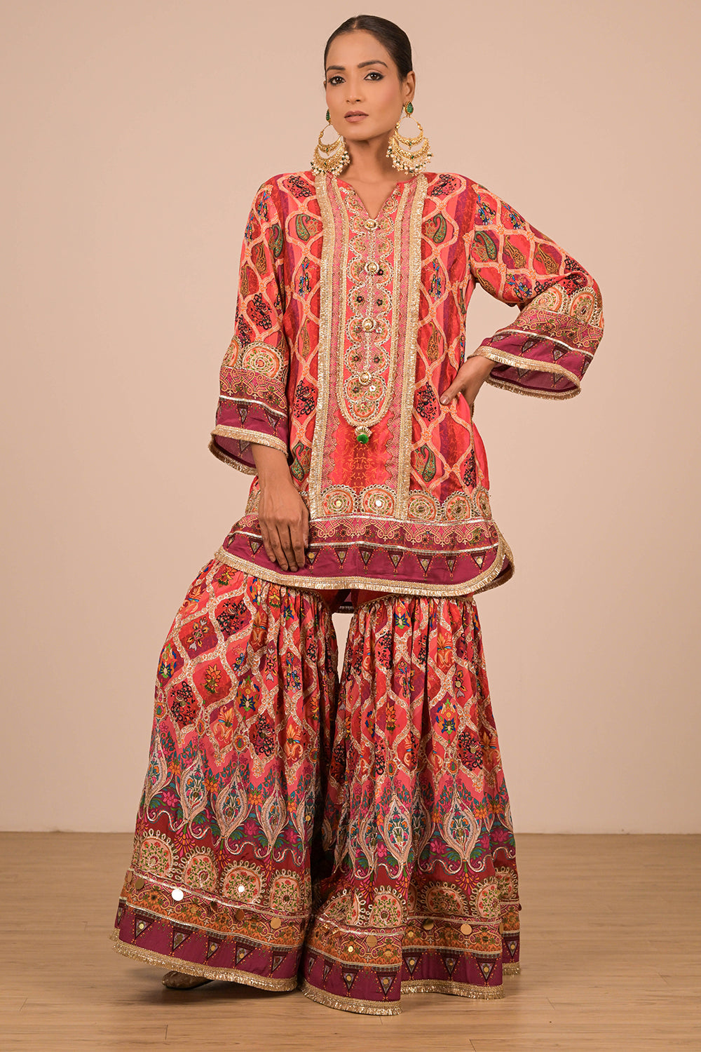 Persian Red Crepe Sharara Suit With Bag