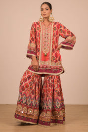 Persian Red Crepe Sharara Suit With Bag