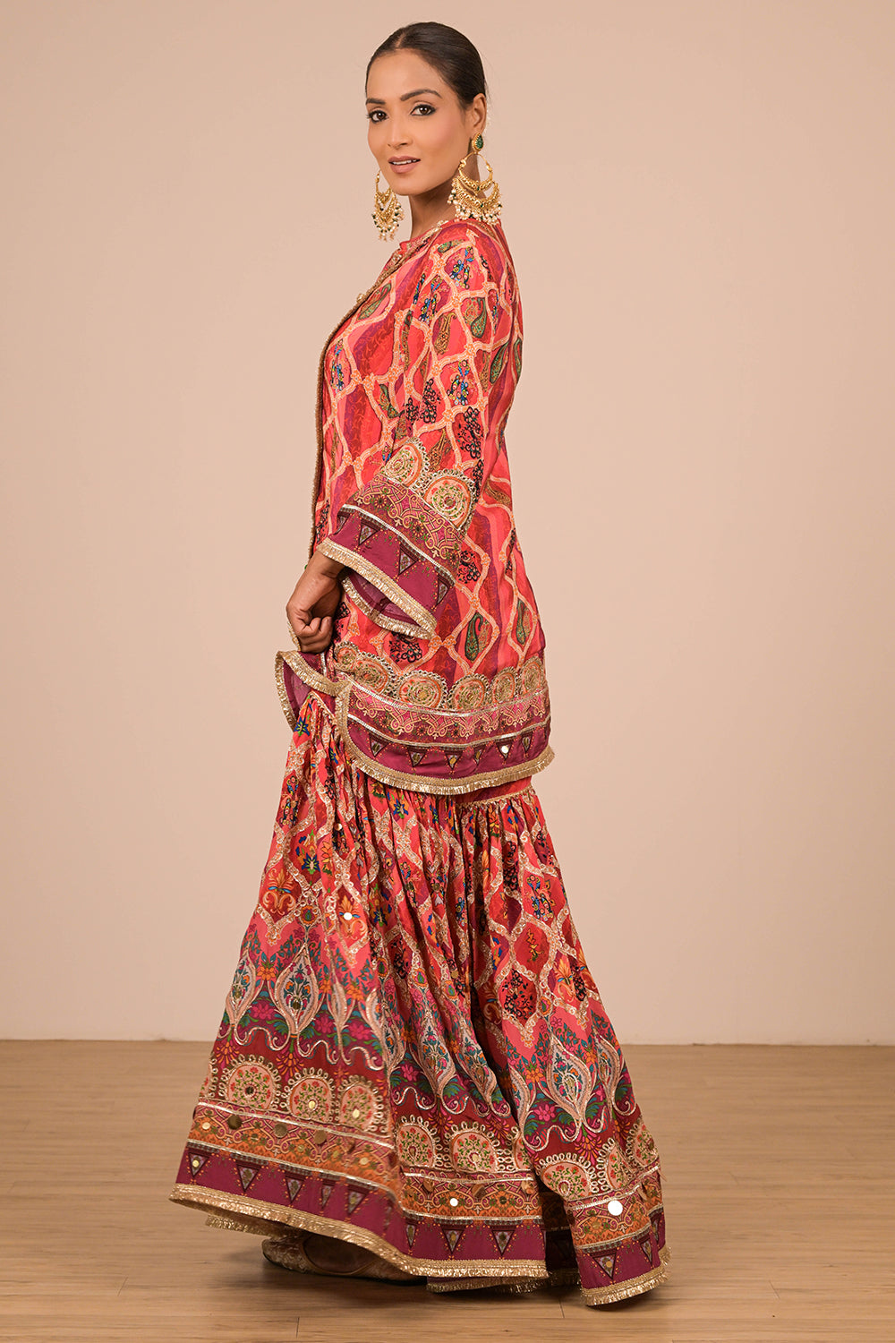 Persian Red Crepe Sharara Suit With Bag