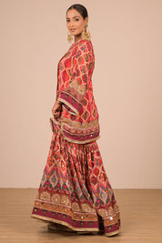 Persian Red Crepe Sharara Suit With Bag