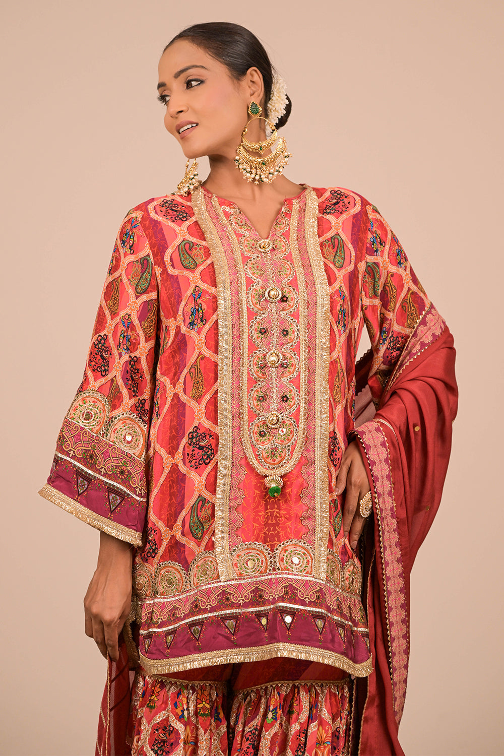 Persian Red Crepe Sharara Suit With Bag