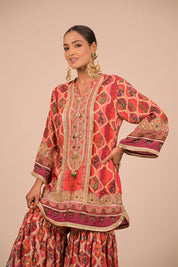 Persian Red Crepe Sharara Suit With Bag