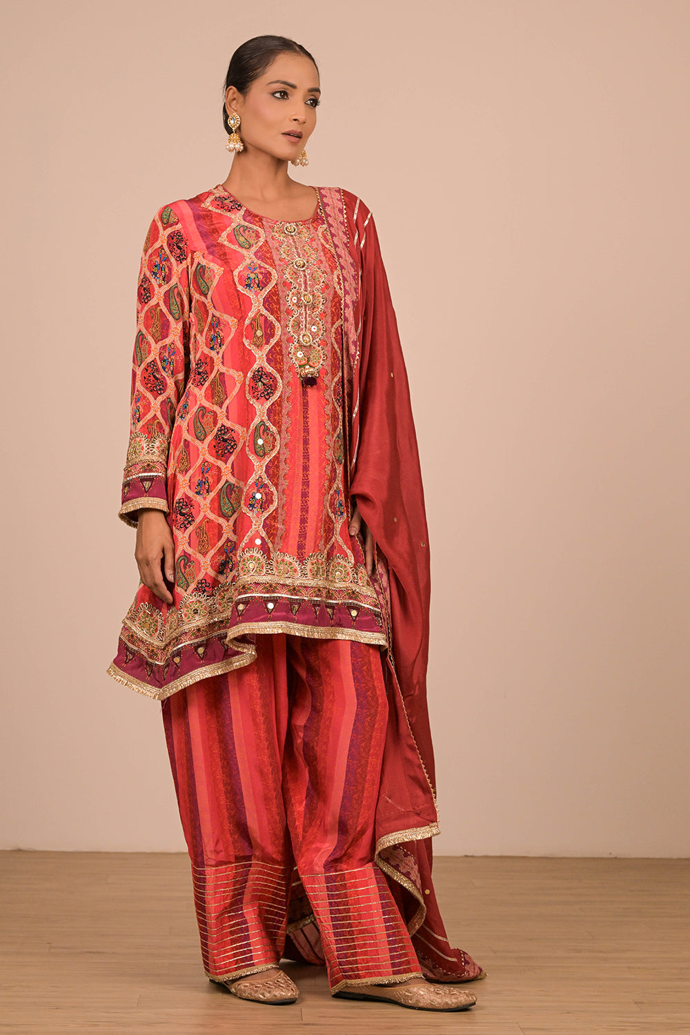 Persian Red Suit Set With Farsi Salwar And Bag