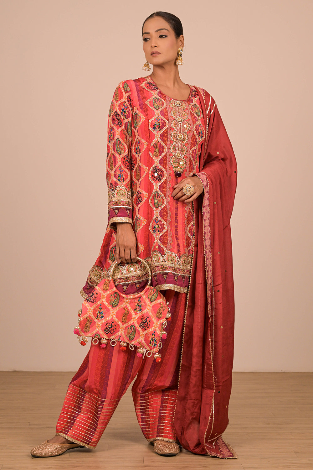 Persian Red Suit Set With Farsi Salwar And Bag