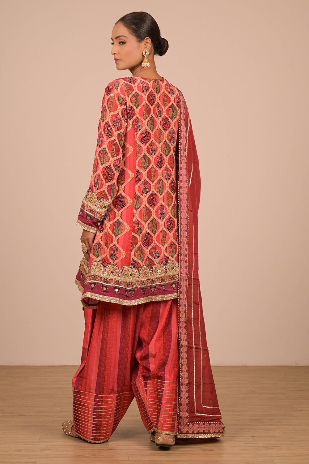 Persian Red Suit Set With Farsi Salwar And Bag