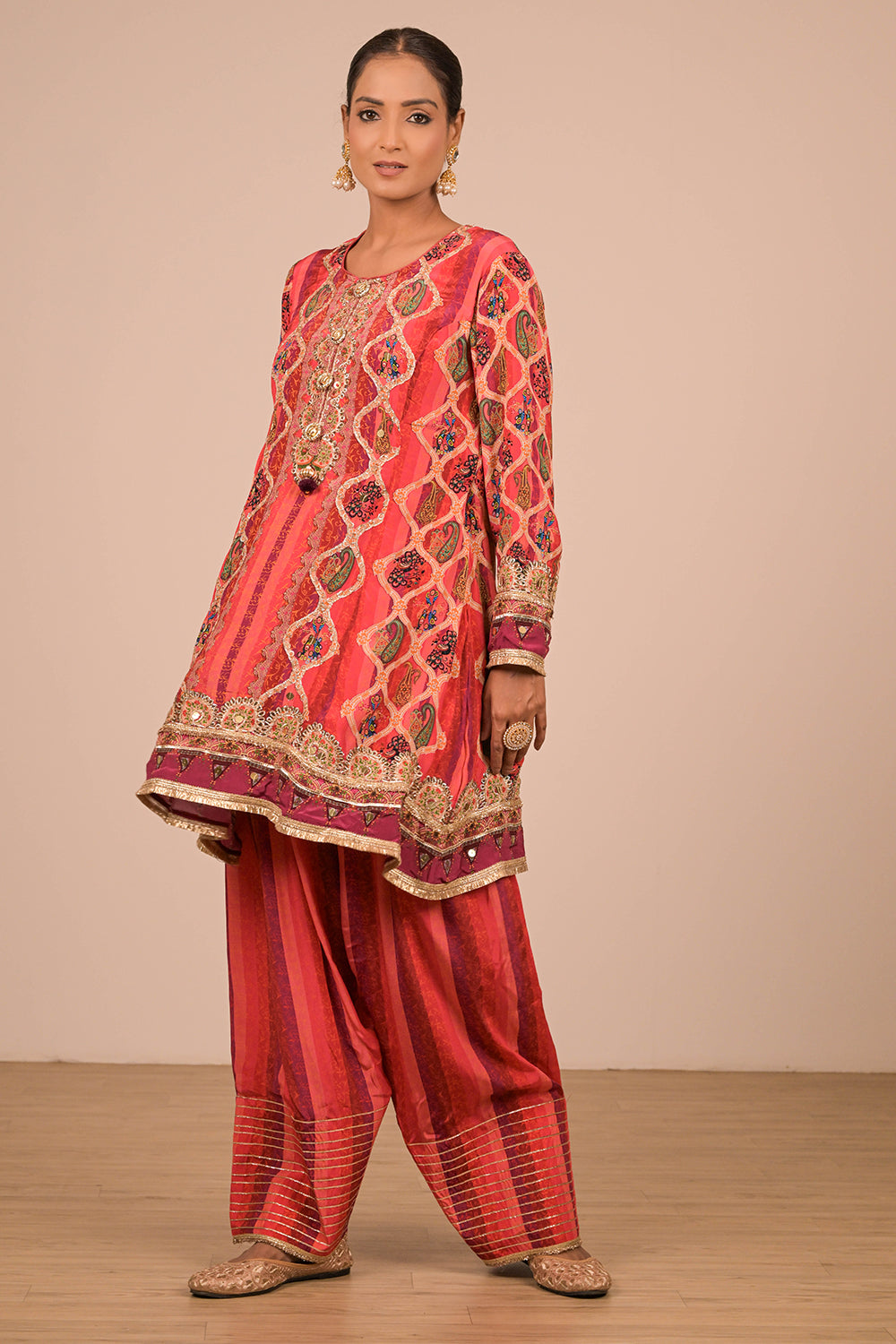Persian Red Suit Set With Farsi Salwar And Bag