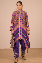 Purple Asymmetric Kurta Set With Bag