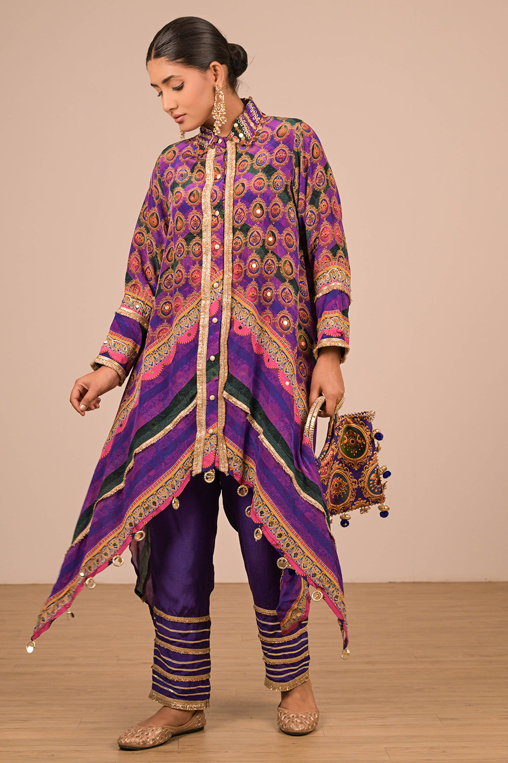 Purple Asymmetric Kurta Set With Bag