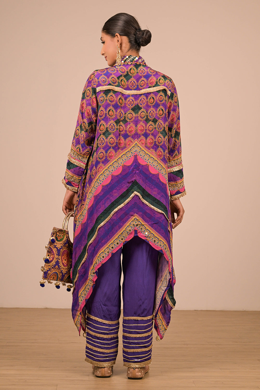 Purple Asymmetric Kurta Set With Bag