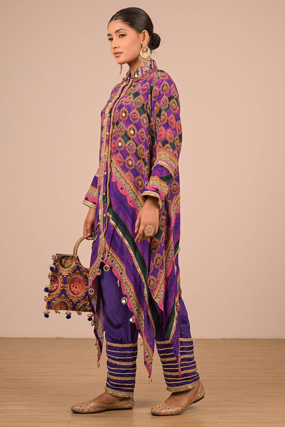 Purple Asymmetric Kurta Set With Bag
