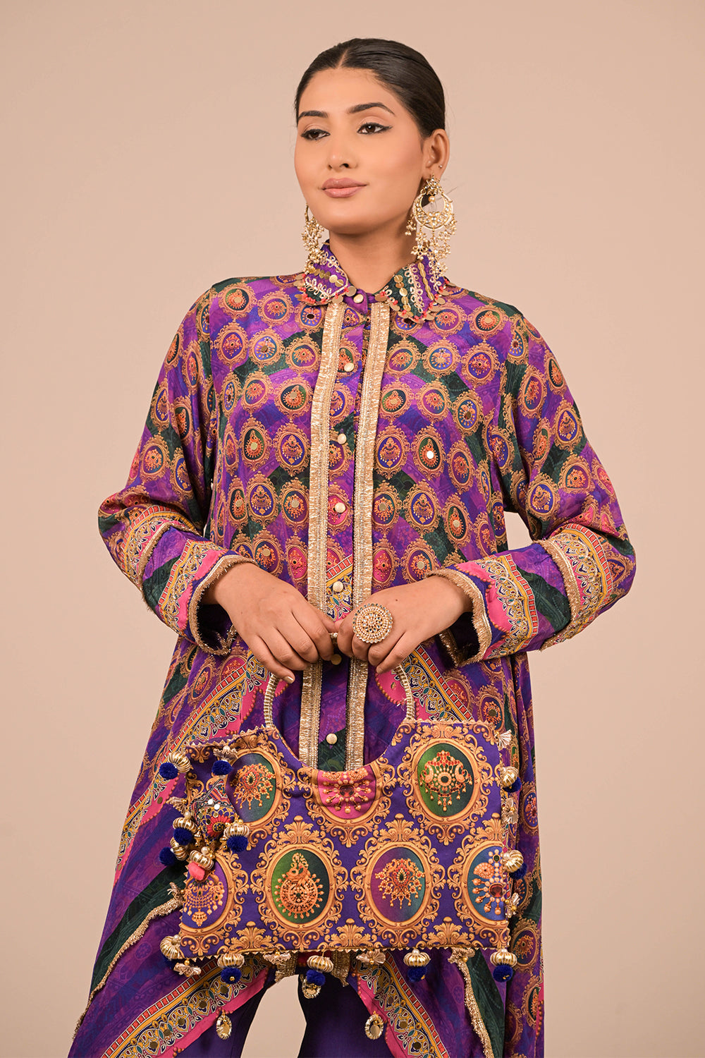 Purple Asymmetric Kurta Set With Bag