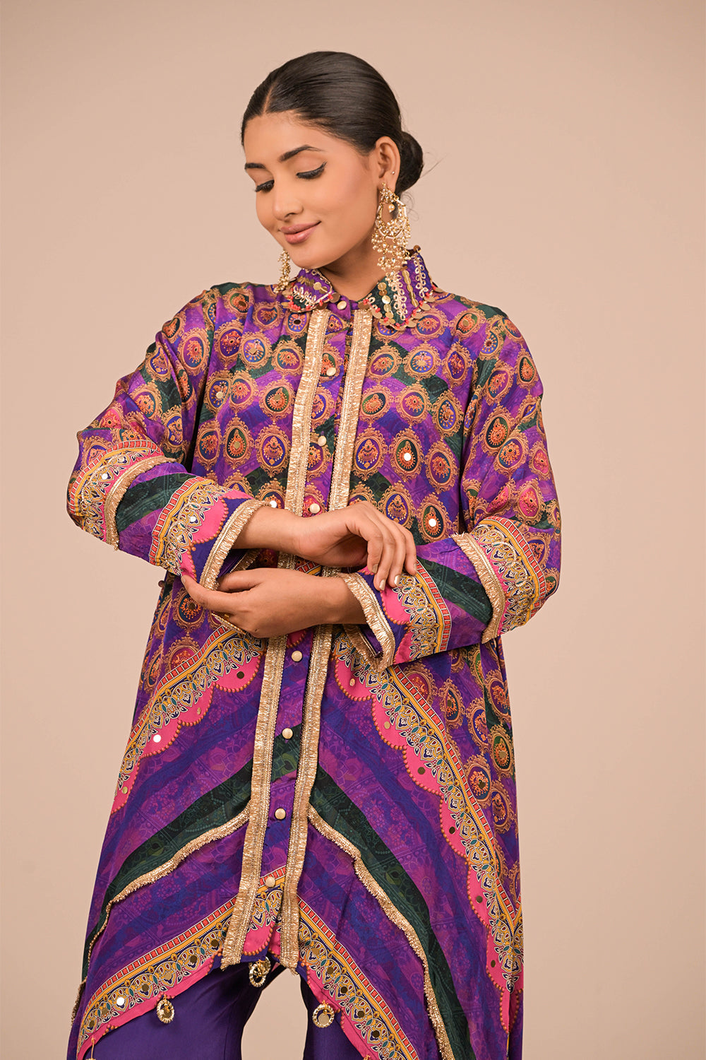 Purple Asymmetric Kurta Set With Bag