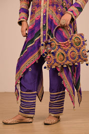Purple Asymmetric Kurta Set With Bag