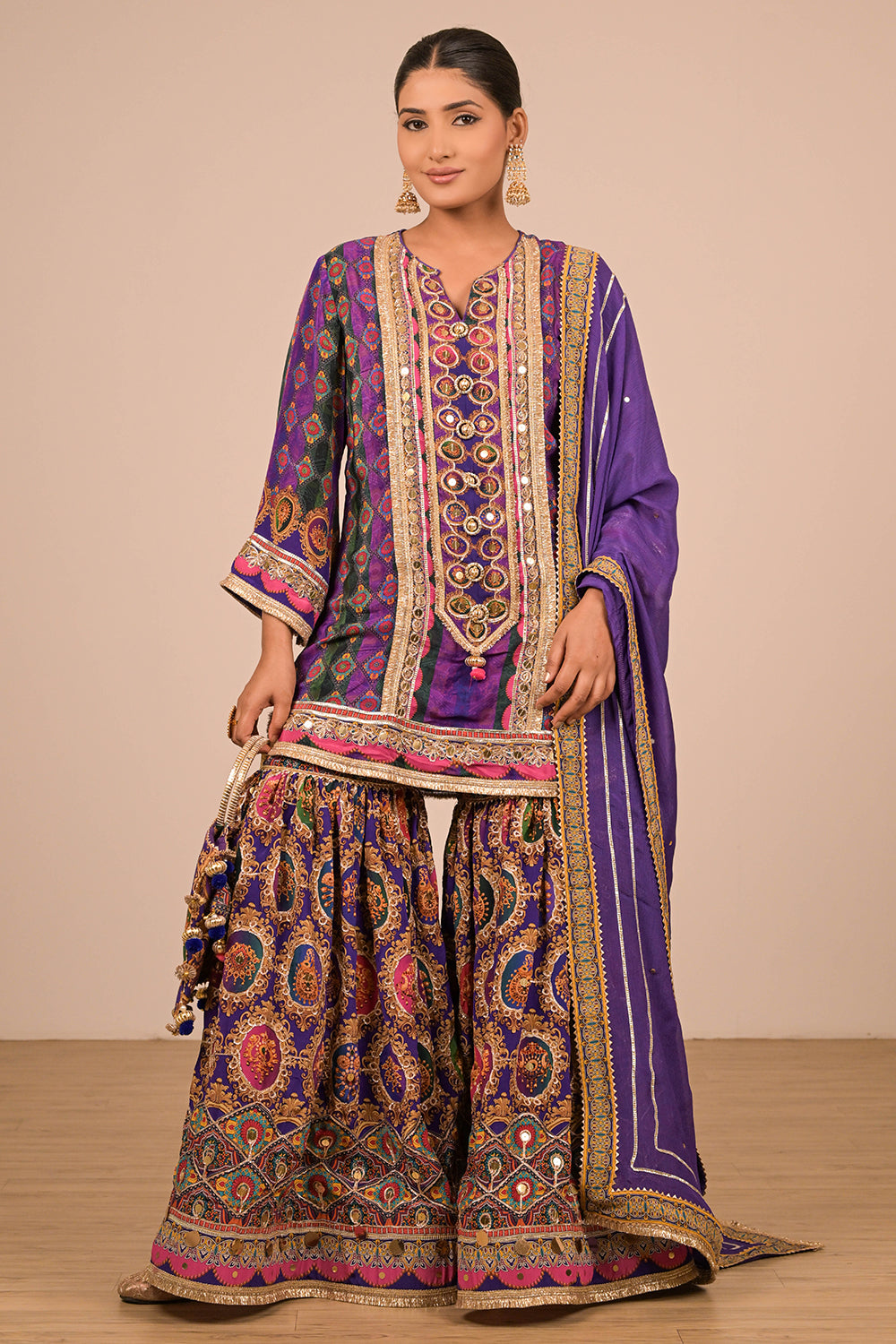 Purple Sharara Set With Bag