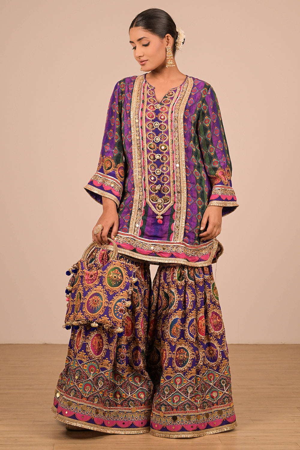 Purple Sharara Set With Bag