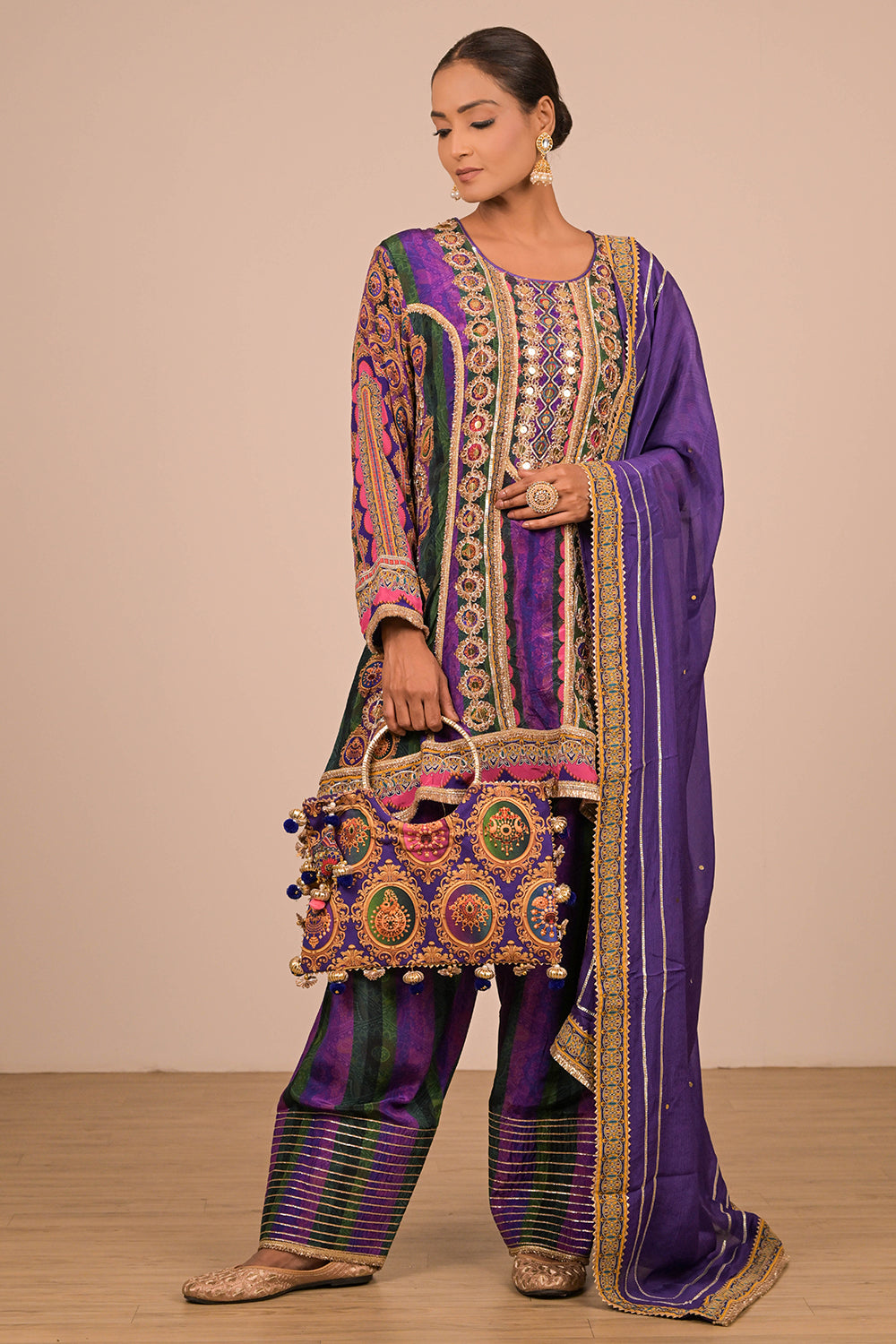 Purple Suit Set with Farsi Salwar And Bag
